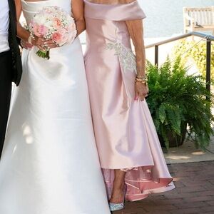 Frascara silk baby pink high low gown with rhinestone leaf appliqué
